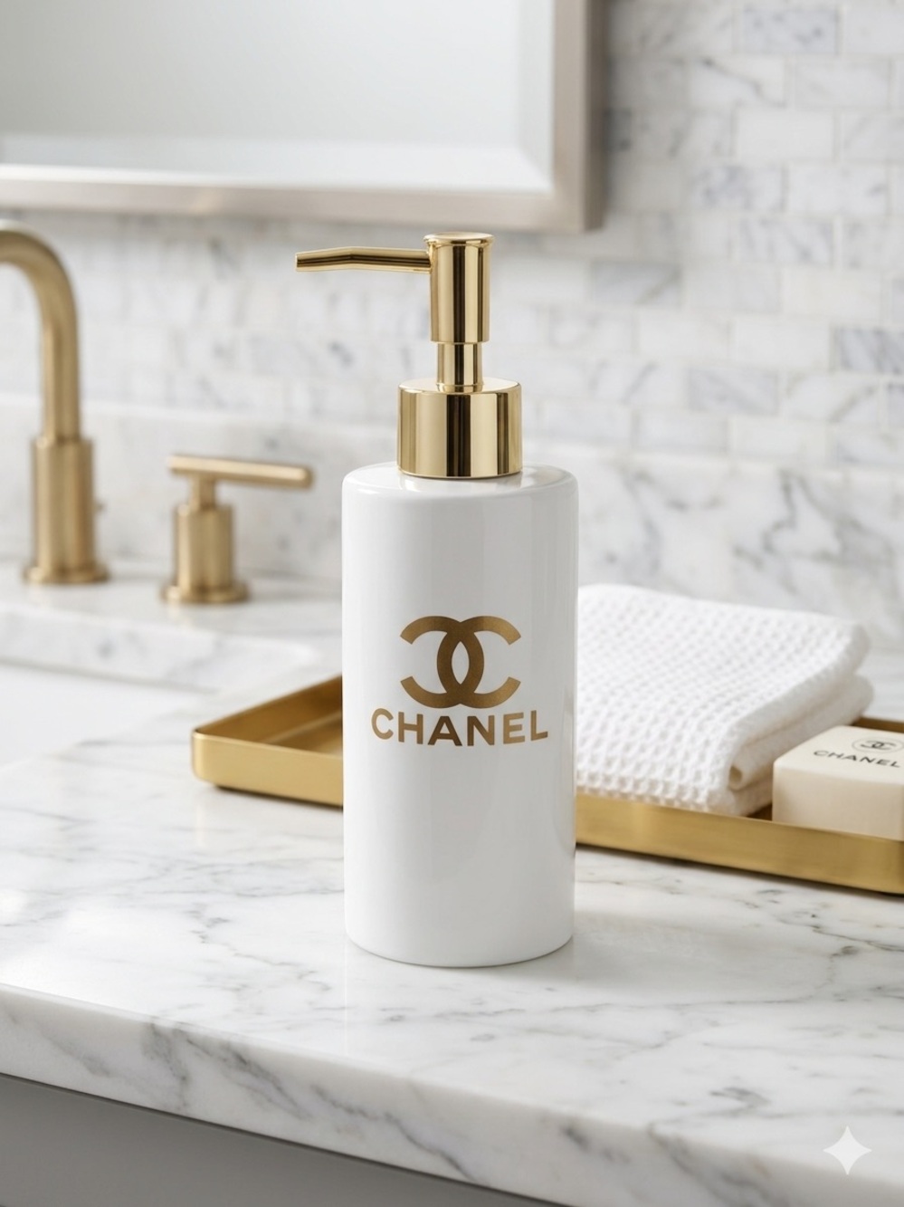 Chanel White Ceramic Soap Dispenser with Gold Pump and Logo